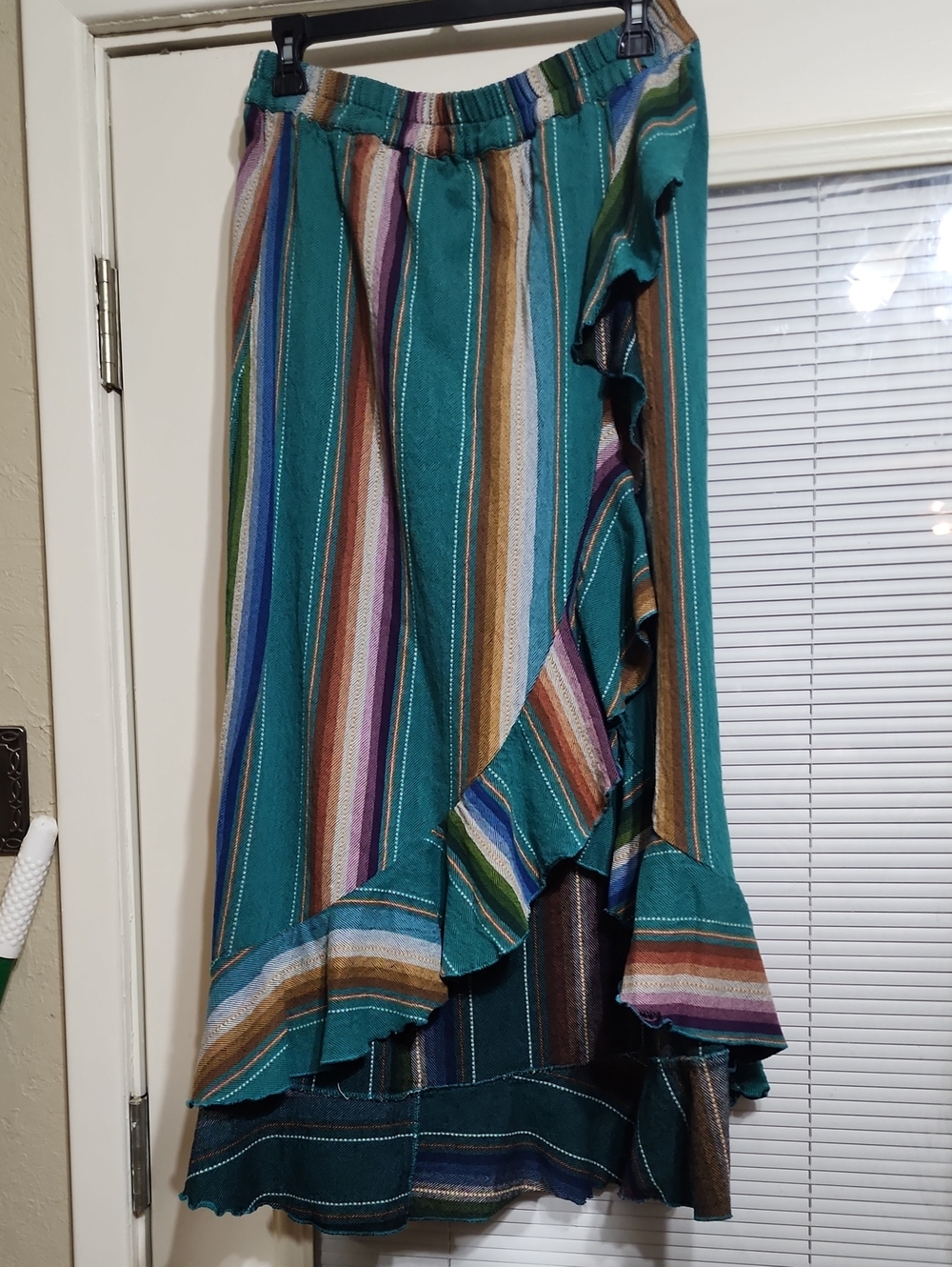 Lucky & BLESSED Teal Multicolor Striped High-Low Ruffle Skirt